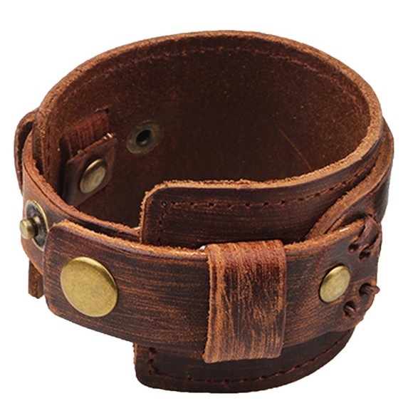 Men’s Chunky Punk Rock Leather Wide Cuff Wristband Bracelet Snap Straps Brown - Picture 5 of 10